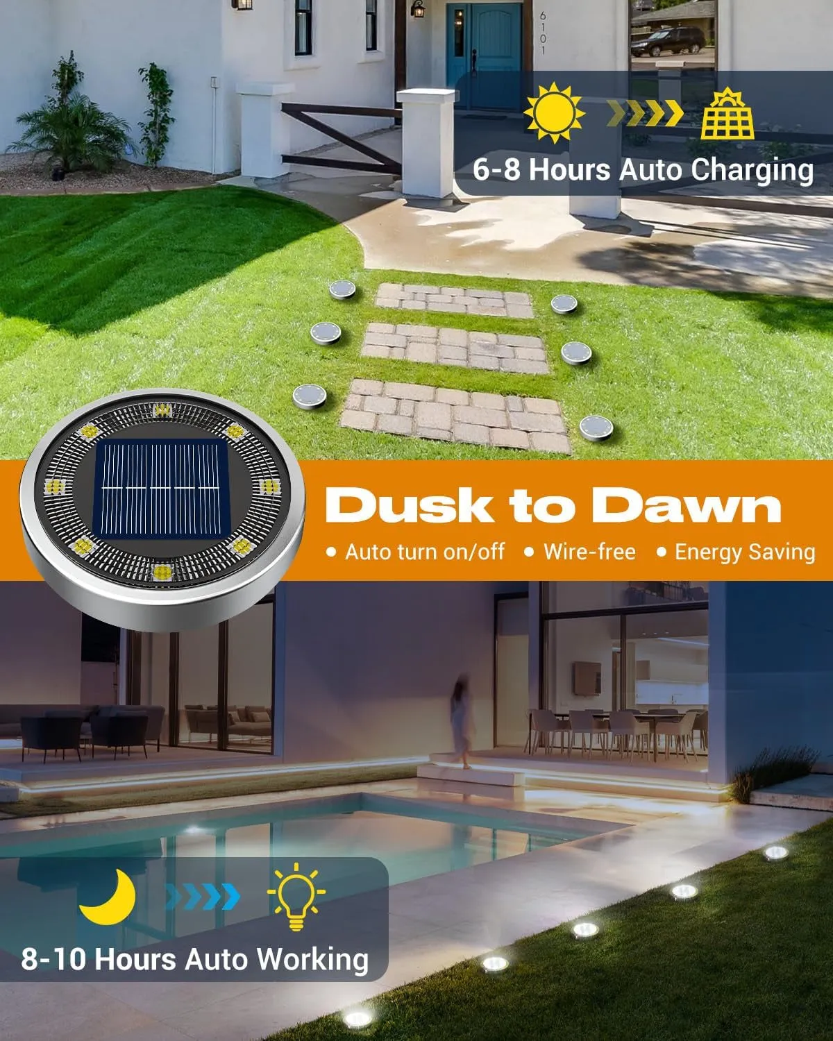 16 Pack Solar Ground Lights Outdoor, 8 LED Solar Disc Lights IP65 Waterproof Flat Solar Lights, Pathway Lights Solar Powered for Garden Lawn Patio Yard Path Landscape, Cool White