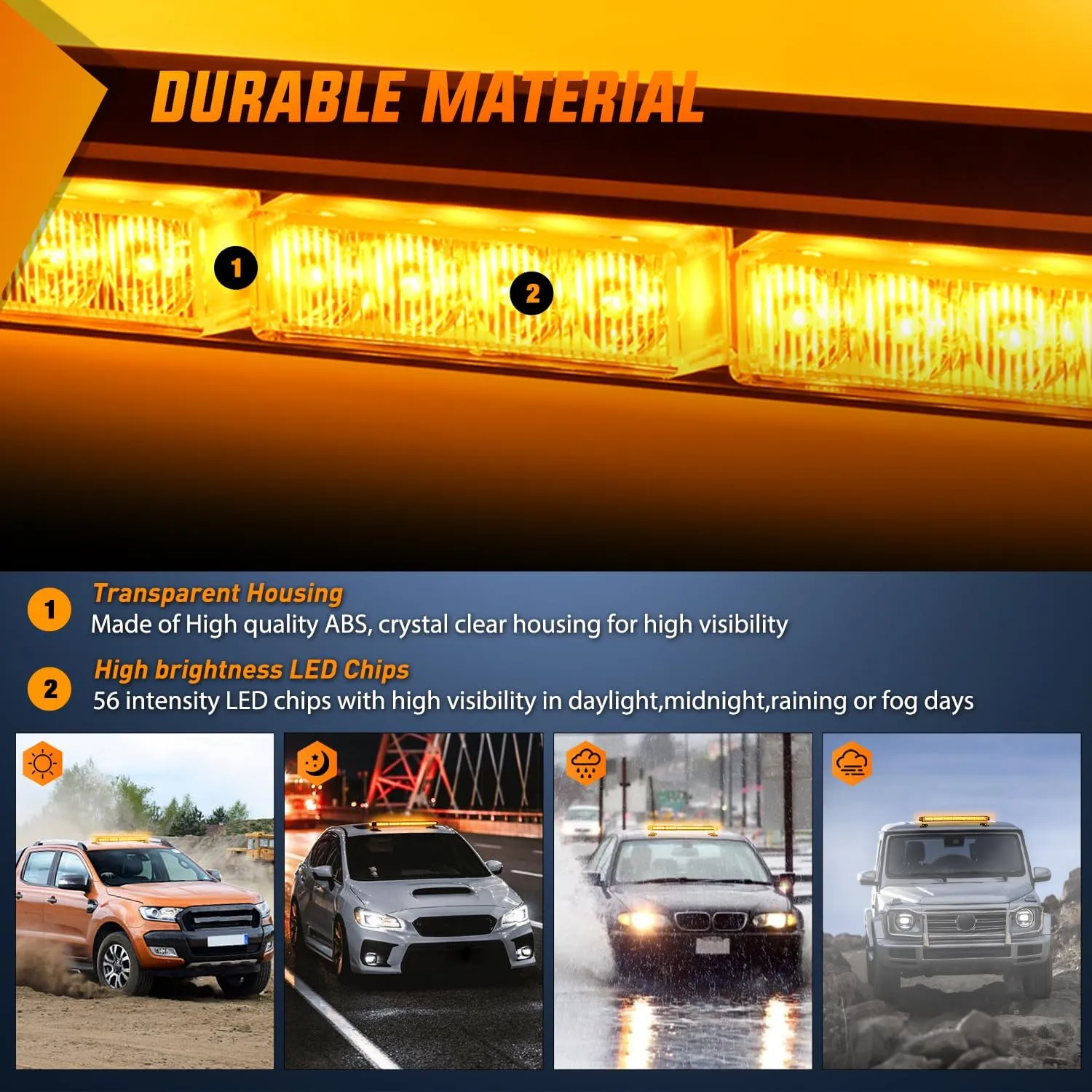 29.5 Inch Roof Top Amber Strobe Lights 56LED Hazard Emergency Warning Light Bar Magnetic Mount