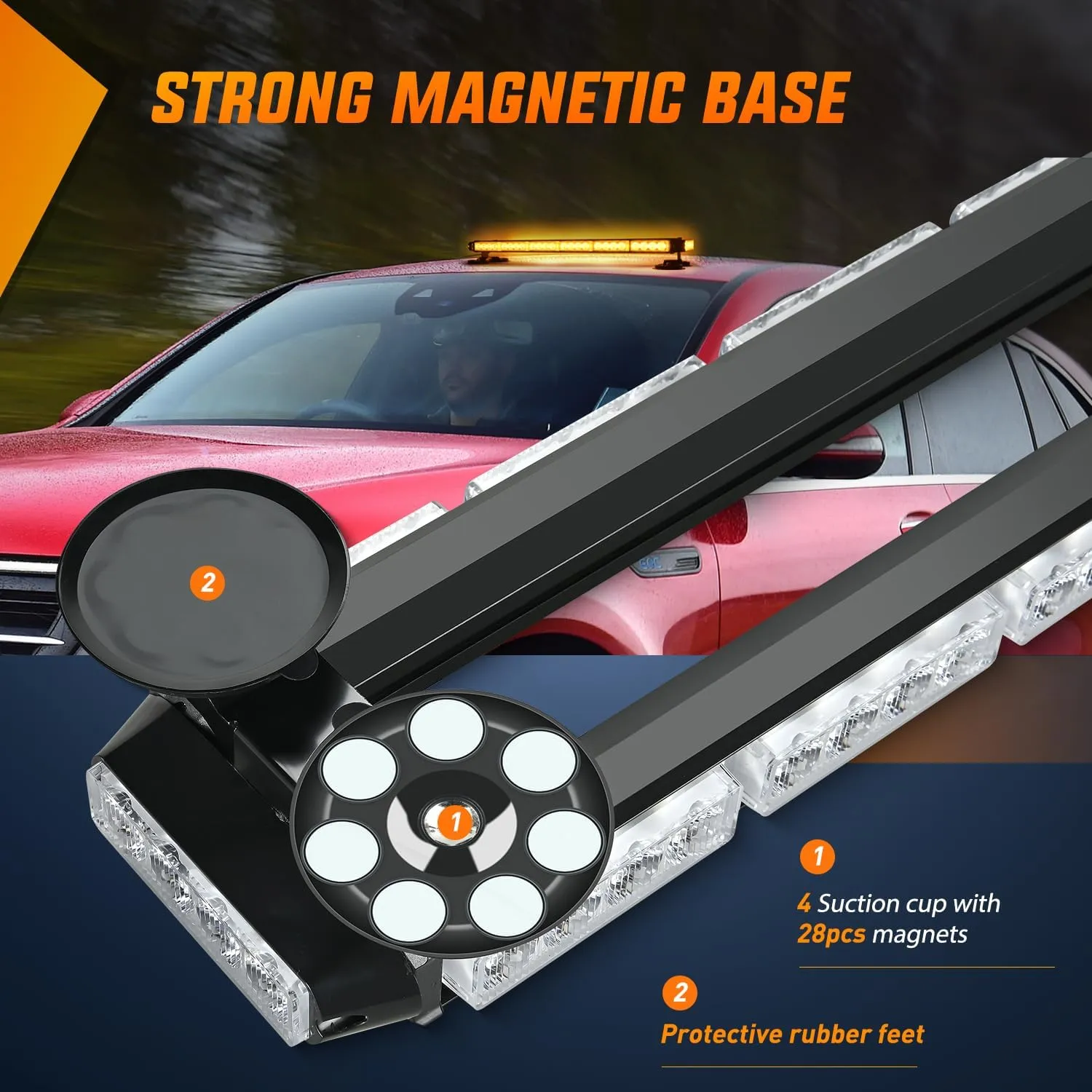 29.5 Inch Roof Top Amber Strobe Lights 56LED Hazard Emergency Warning Light Bar Magnetic Mount