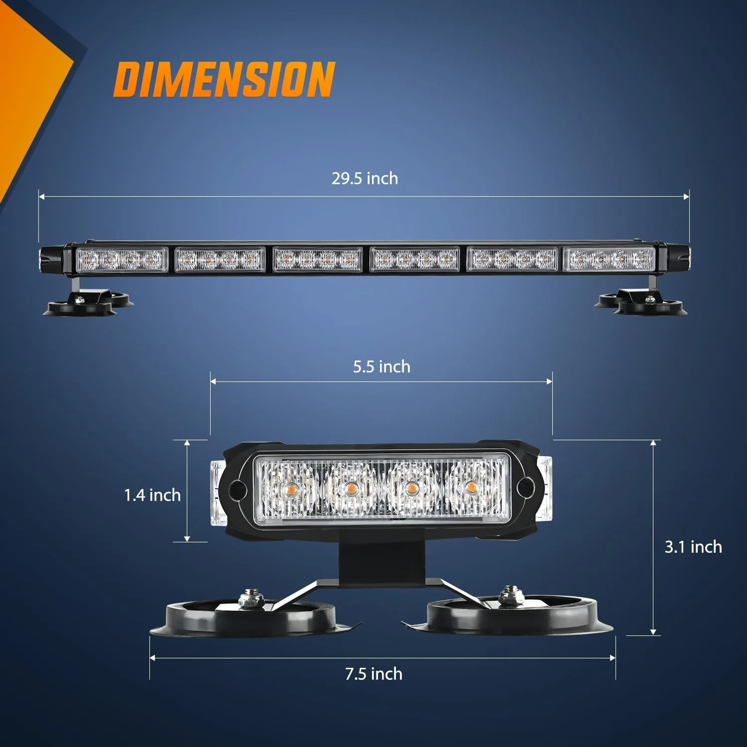 29.5 Inch Roof Top Amber Strobe Lights 56LED Hazard Emergency Warning Light Bar Magnetic Mount