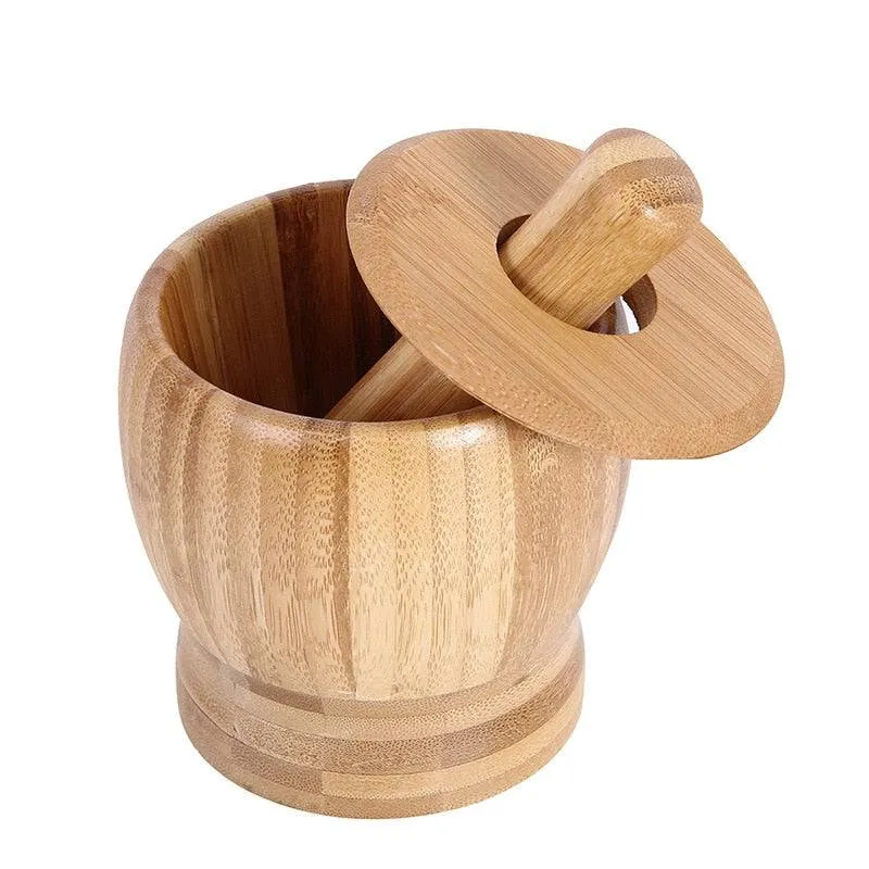 Bamboo Mashed Garlic Jar, Home Kitchen Food Stuffing Mixer, Grinding Bowl, Garlic Grinder with Cover