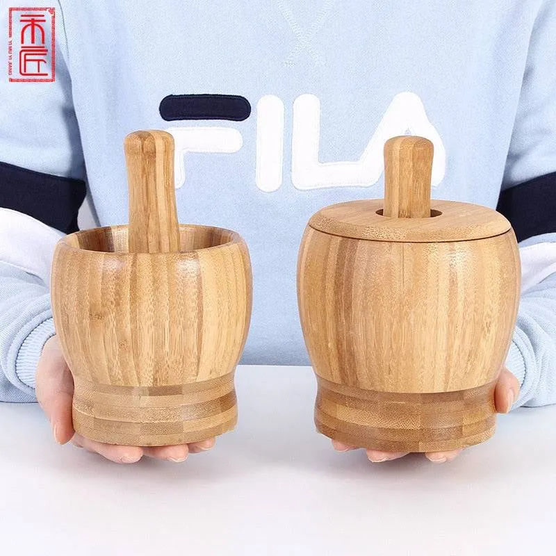 Bamboo Mashed Garlic Jar, Home Kitchen Food Stuffing Mixer, Grinding Bowl, Garlic Grinder with Cover