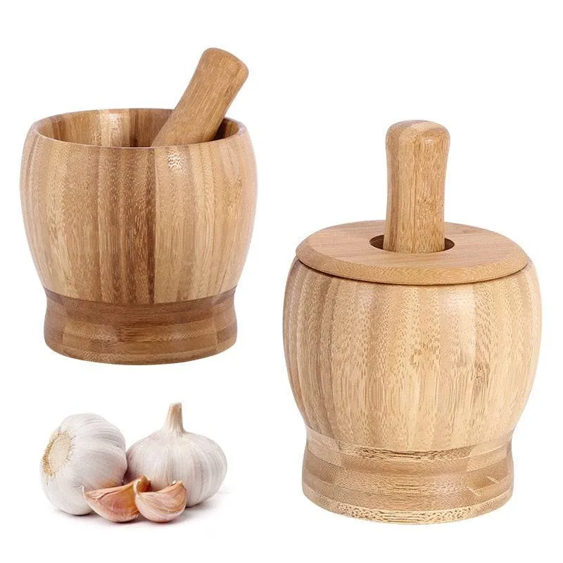 Bamboo Mashed Garlic Jar, Home Kitchen Food Stuffing Mixer, Grinding Bowl, Garlic Grinder with Cover