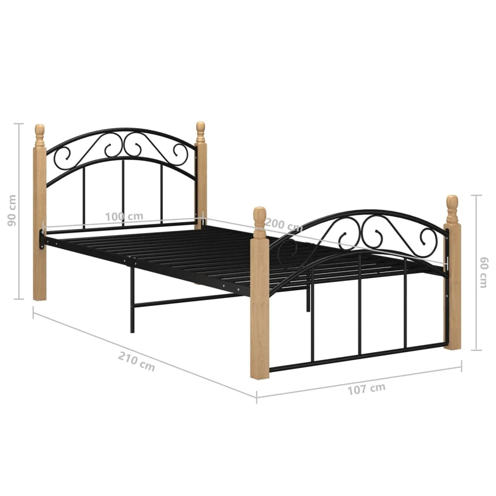Bed Frame Black Metal and Solid Oak Wood 100x200 cm