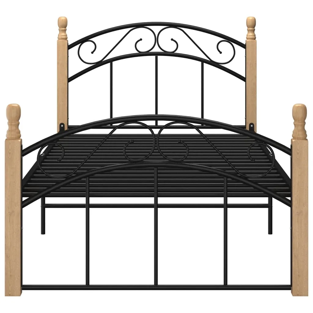 Bed Frame Black Metal and Solid Oak Wood 100x200 cm