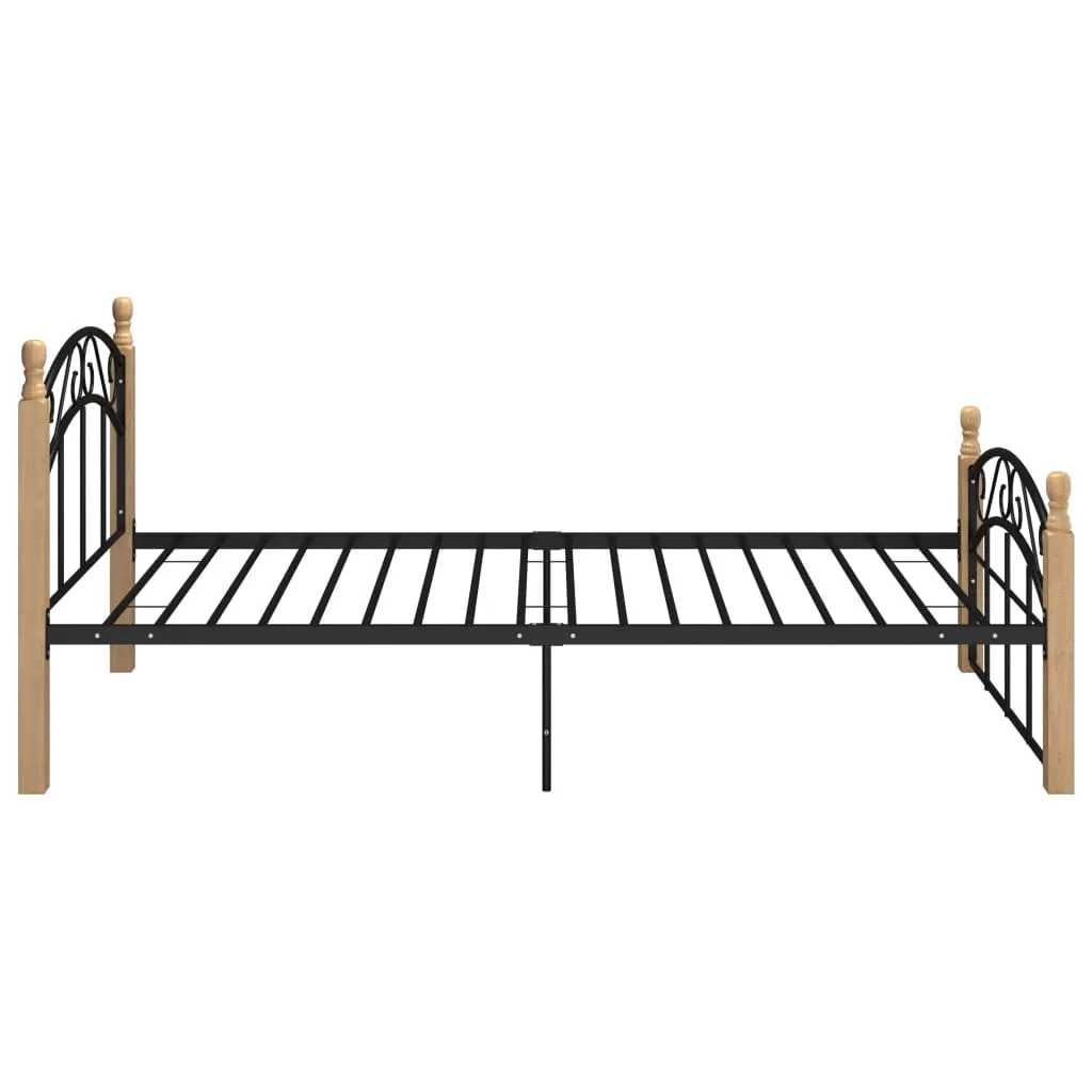 Bed Frame Black Metal and Solid Oak Wood 100x200 cm