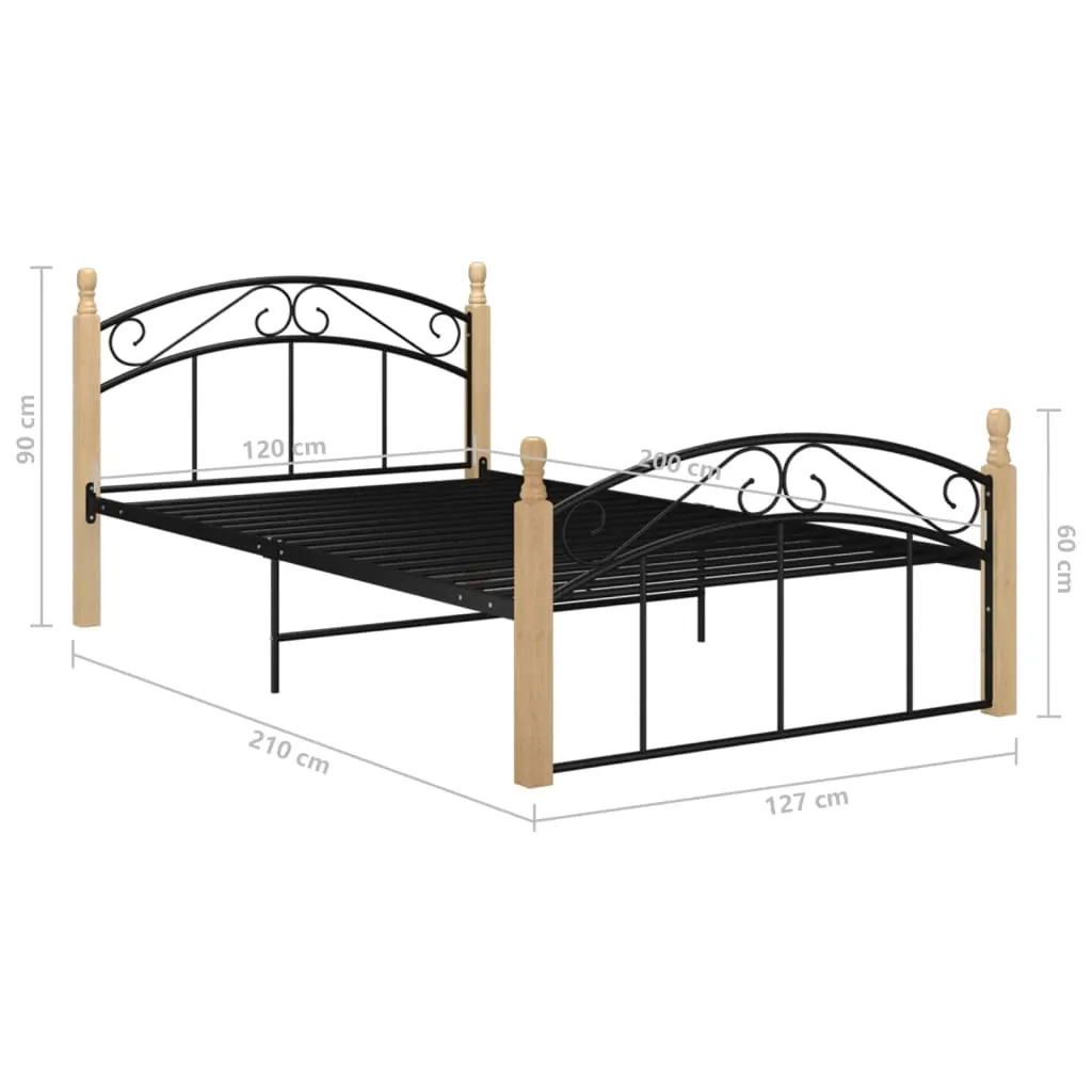 Bed Frame Black Metal and Solid Oak Wood 120x200 cm