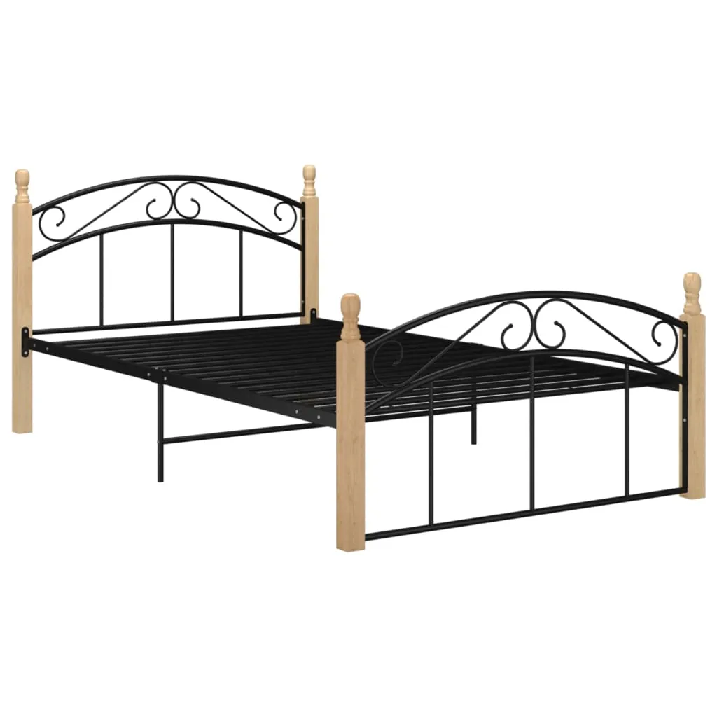 Bed Frame Black Metal and Solid Oak Wood 120x200 cm
