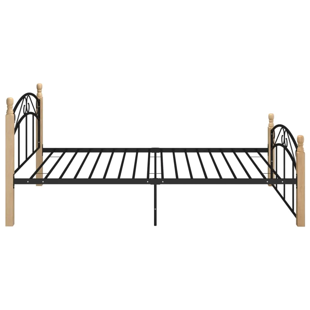 Bed Frame Black Metal and Solid Oak Wood 120x200 cm