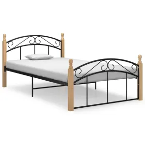 Bed Frame Black Metal and Solid Oak Wood 120x200 cm