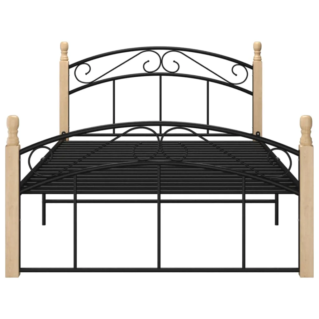 Bed Frame Black Metal and Solid Oak Wood 120x200 cm