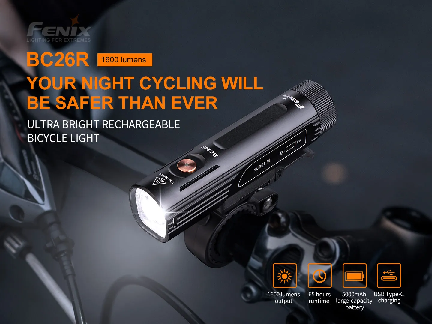 Fenix BC26R Ultra Bright Rechargeable Bicycle Light with Fenix BC05 V2.0 Rear light