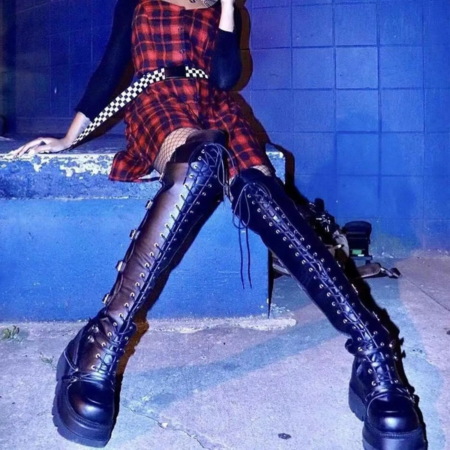 GUNIYIFS Over the Knee Boots for Women - Goth Punk Thigh High Motorcycle Boots with Buckles and Side Lace