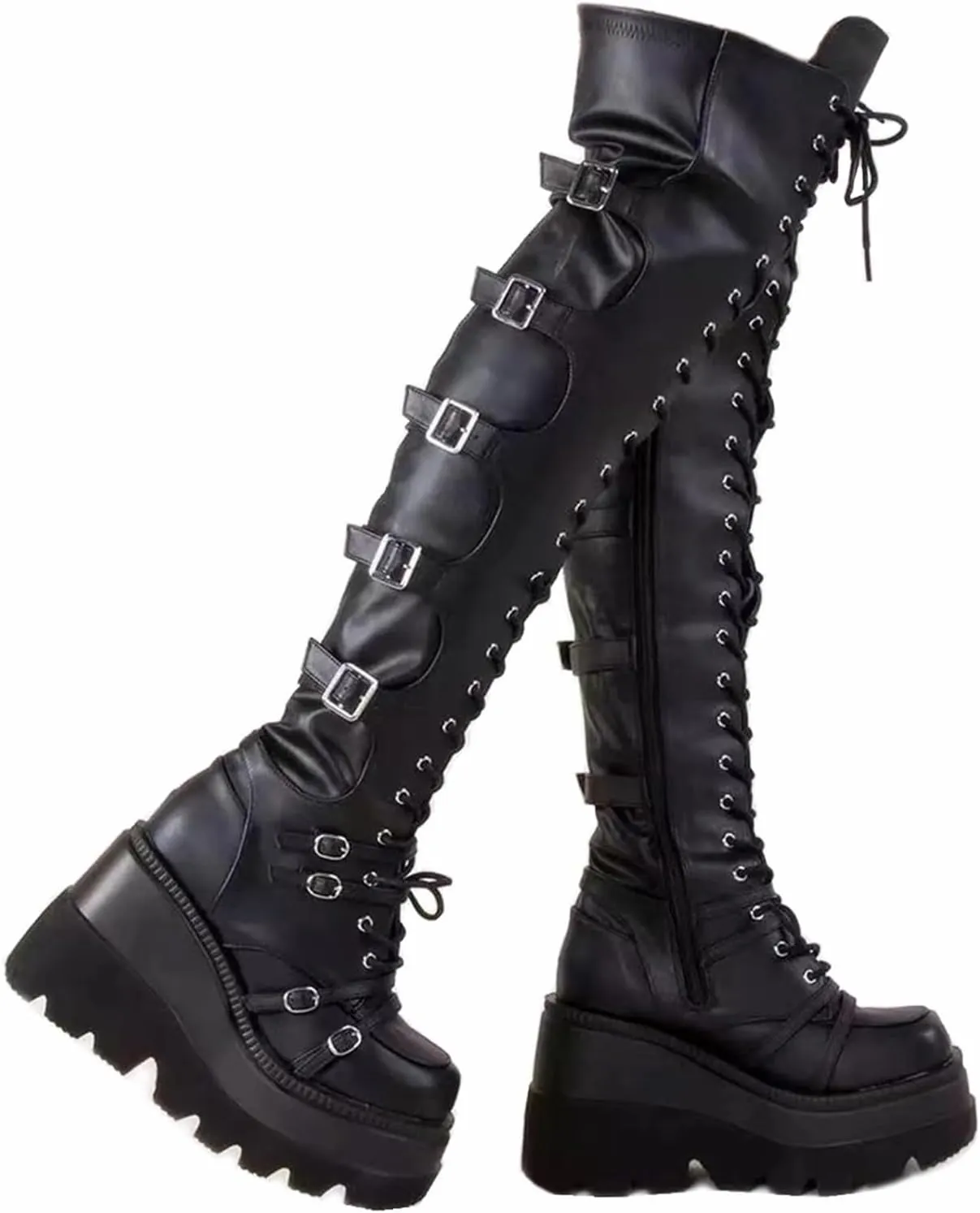 GUNIYIFS Over the Knee Boots for Women - Goth Punk Thigh High Motorcycle Boots with Buckles and Side Lace