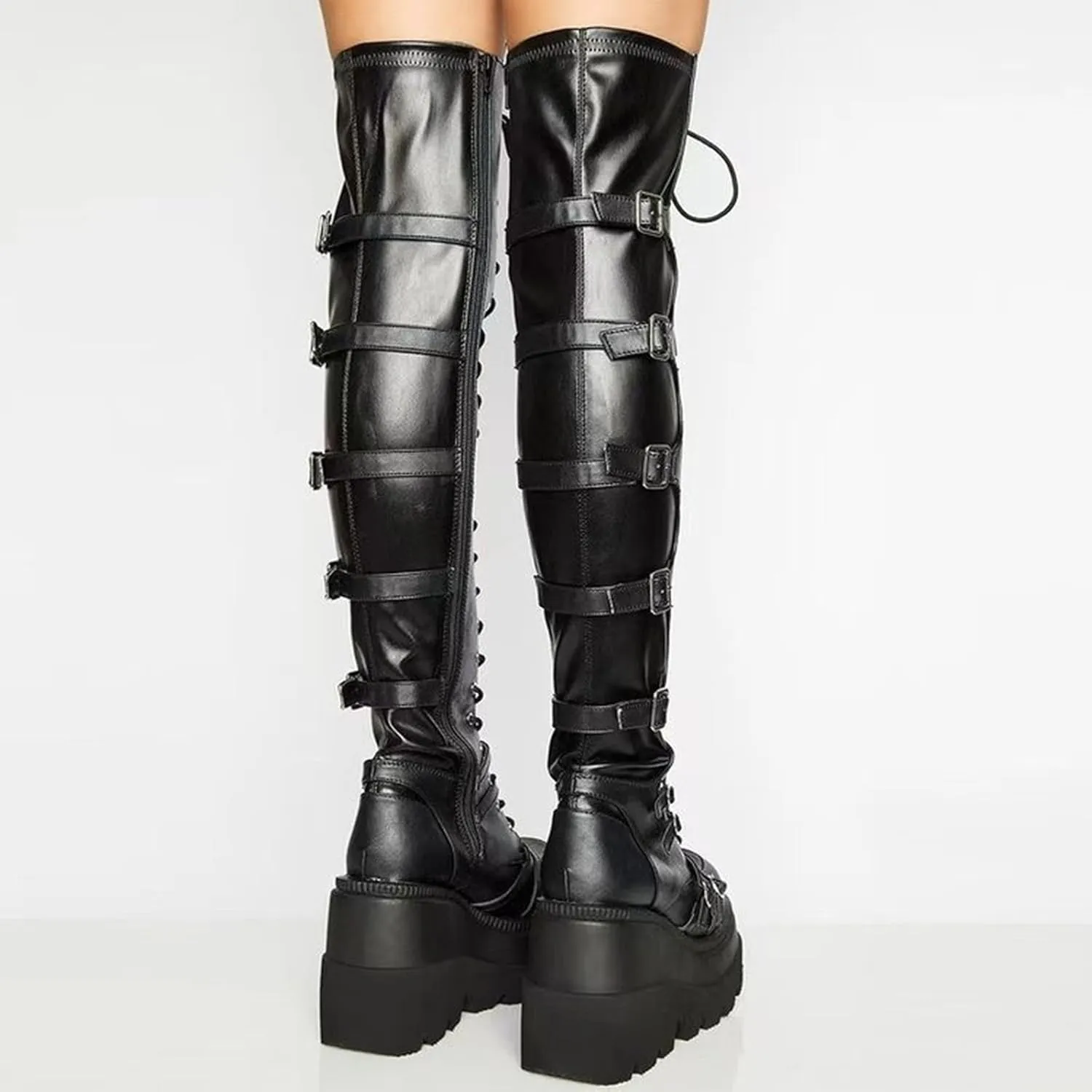 GUNIYIFS Over the Knee Boots for Women - Goth Punk Thigh High Motorcycle Boots with Buckles and Side Lace