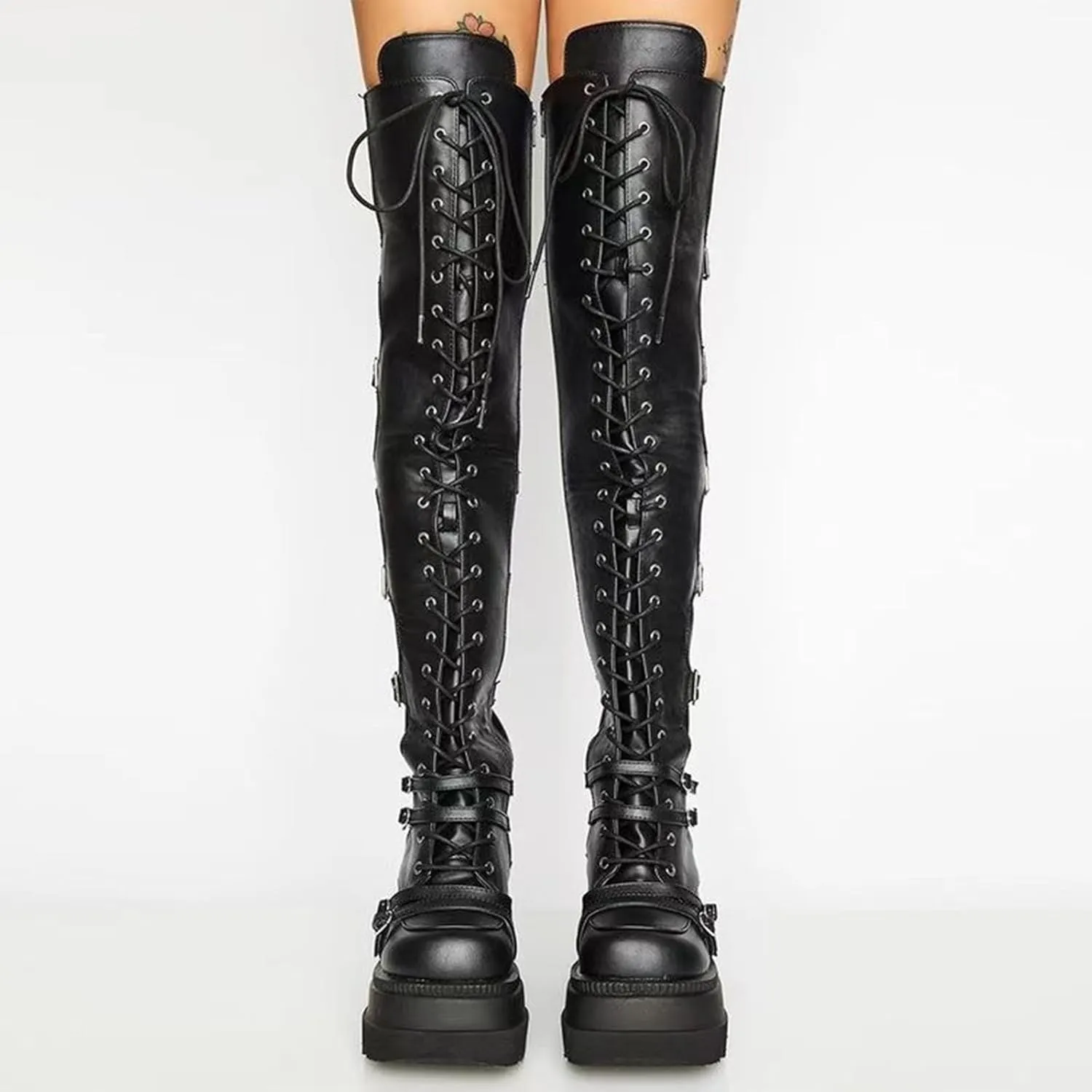GUNIYIFS Over the Knee Boots for Women - Goth Punk Thigh High Motorcycle Boots with Buckles and Side Lace