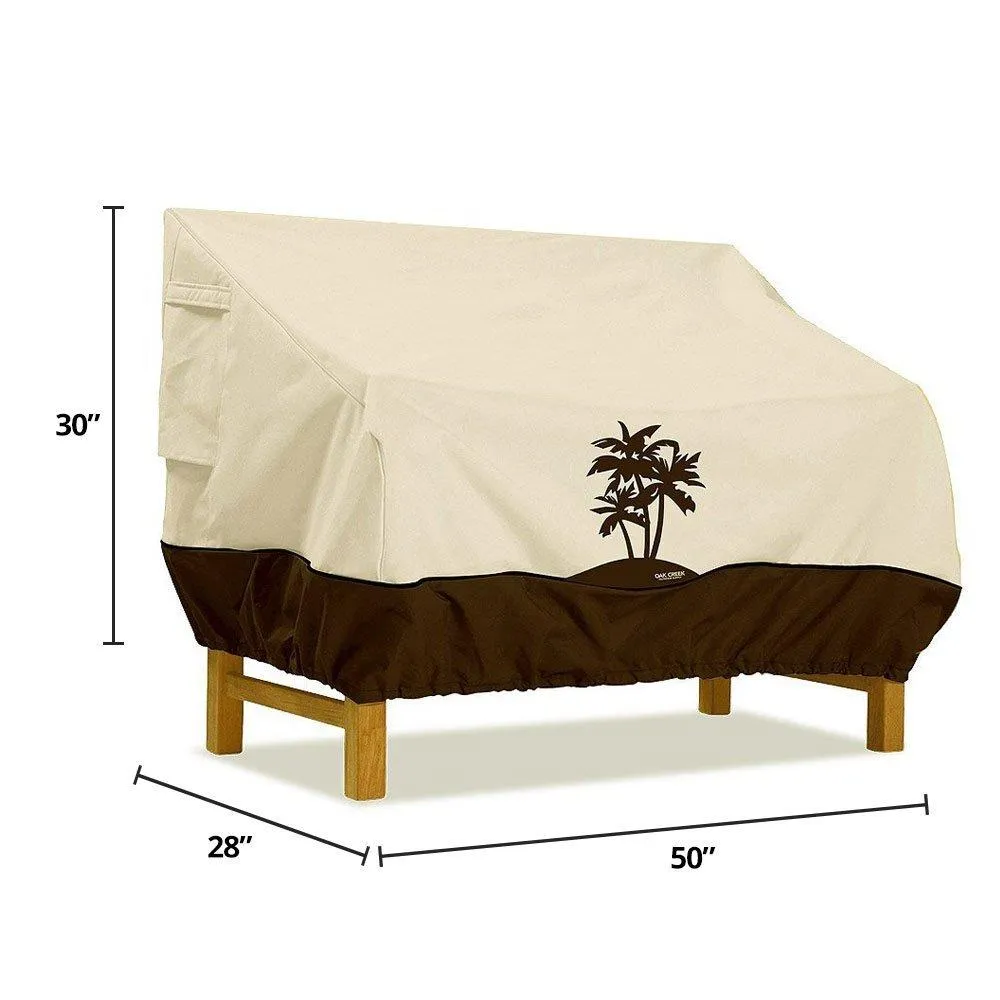 Oak Creek Premium Outdoor Furniture Cover | Patio Bench Cover with Air Vents, Click-Close Straps, Elastic Hem Cord | Made of Heavy Duty Waterproof Fabric with PVC Coating | Palm Tree Design