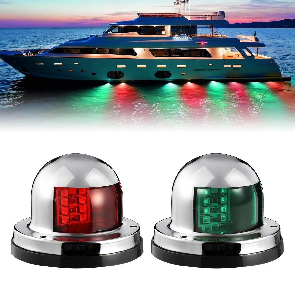 Partsam 12V Marine Boat Yacht Light LED Bow Navigation Lights Deck Mount Red Green Side Port Starboard Lights Sailing Signal Light Submersible 8 LED for Pontoons Skeeter Stainless Steel