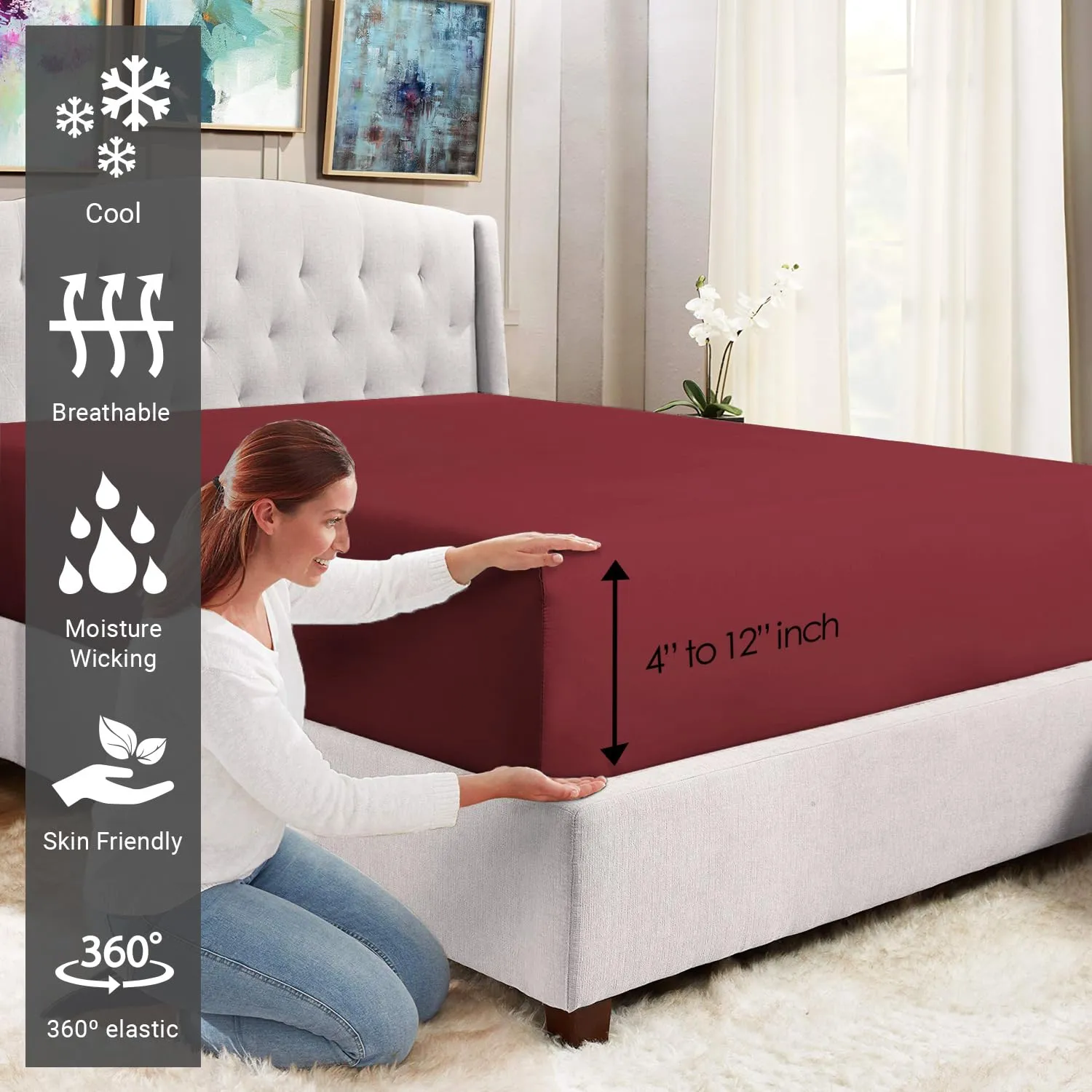 Pizuna 100% Cotton Fitted Bedsheets Queen Size, 400 Thread Count Long Staple Cotton SateenFitted Bedsheet 63x76 Inch with 2 Pillow Covers, Rio Red Queen Size Elastic Fitted Bedsheets fits 12 Inch