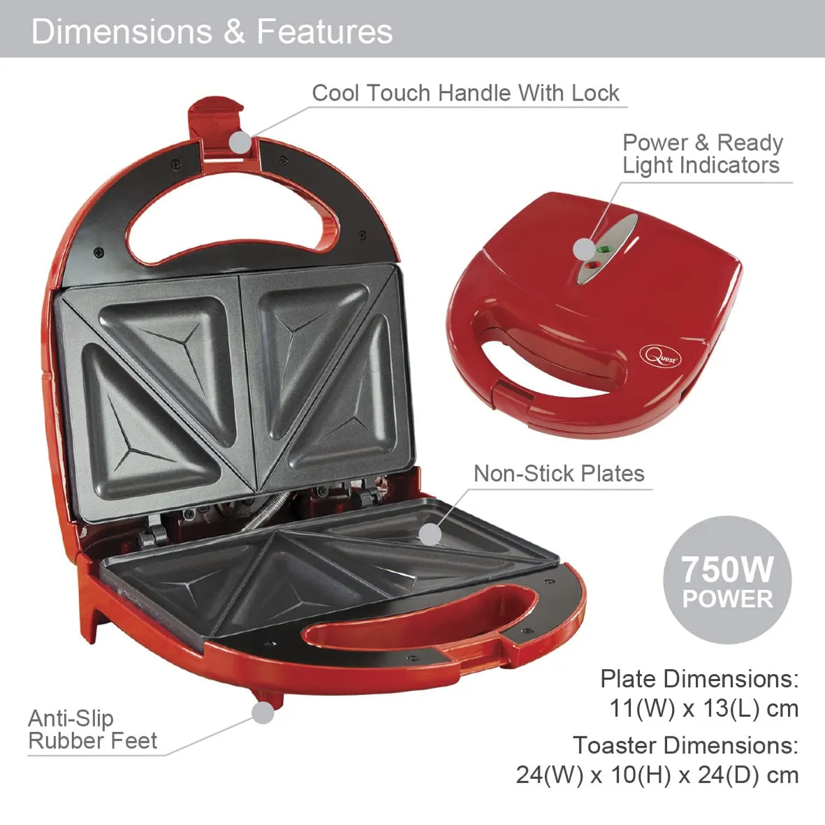 Quest 35149 Sandwich Toastie Maker/Red/Non-Stick Easy Clean/Student Essentials for University