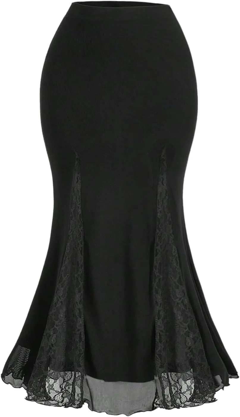 Verdusa Women's Plus Size Lace Long Skirts High Waisted Mesh Fishtail Bodycon Skirt