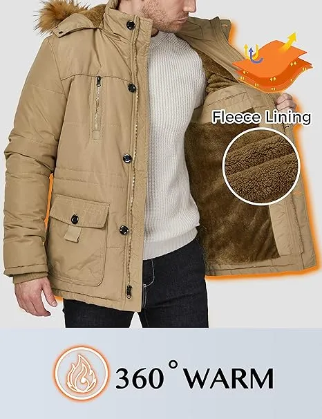 WenVen Men's Fleece Jacket Windbreaker Parka with Removable Hood Size S