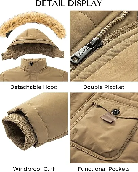 WenVen Men's Fleece Jacket Windbreaker Parka with Removable Hood Size S