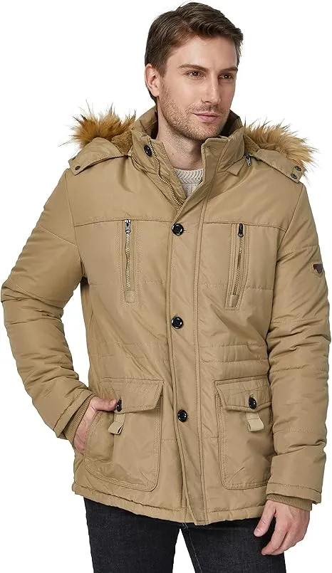 WenVen Men's Fleece Jacket Windbreaker Parka with Removable Hood Size S