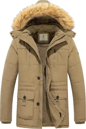 WenVen Men's Fleece Jacket Windbreaker Parka with Removable Hood Size S