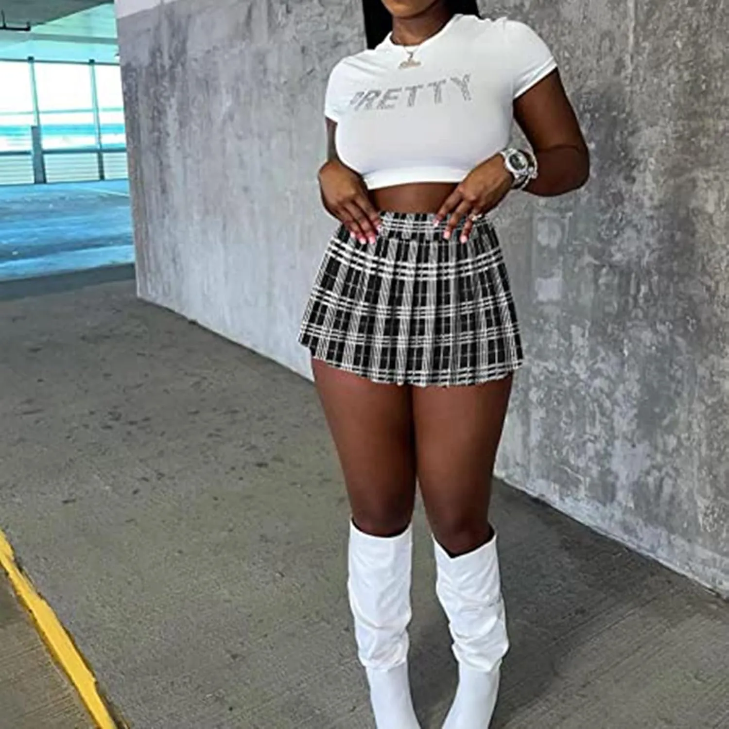 Women's Mini Pleated Skirts Sexy Club Y2k High Wiast Stretchy Tennis Skater A-line Skirt