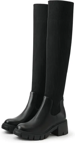 Womens Over Knee Boots Thigh High Stretch Knitted Socks Chunky Block Heel Boots