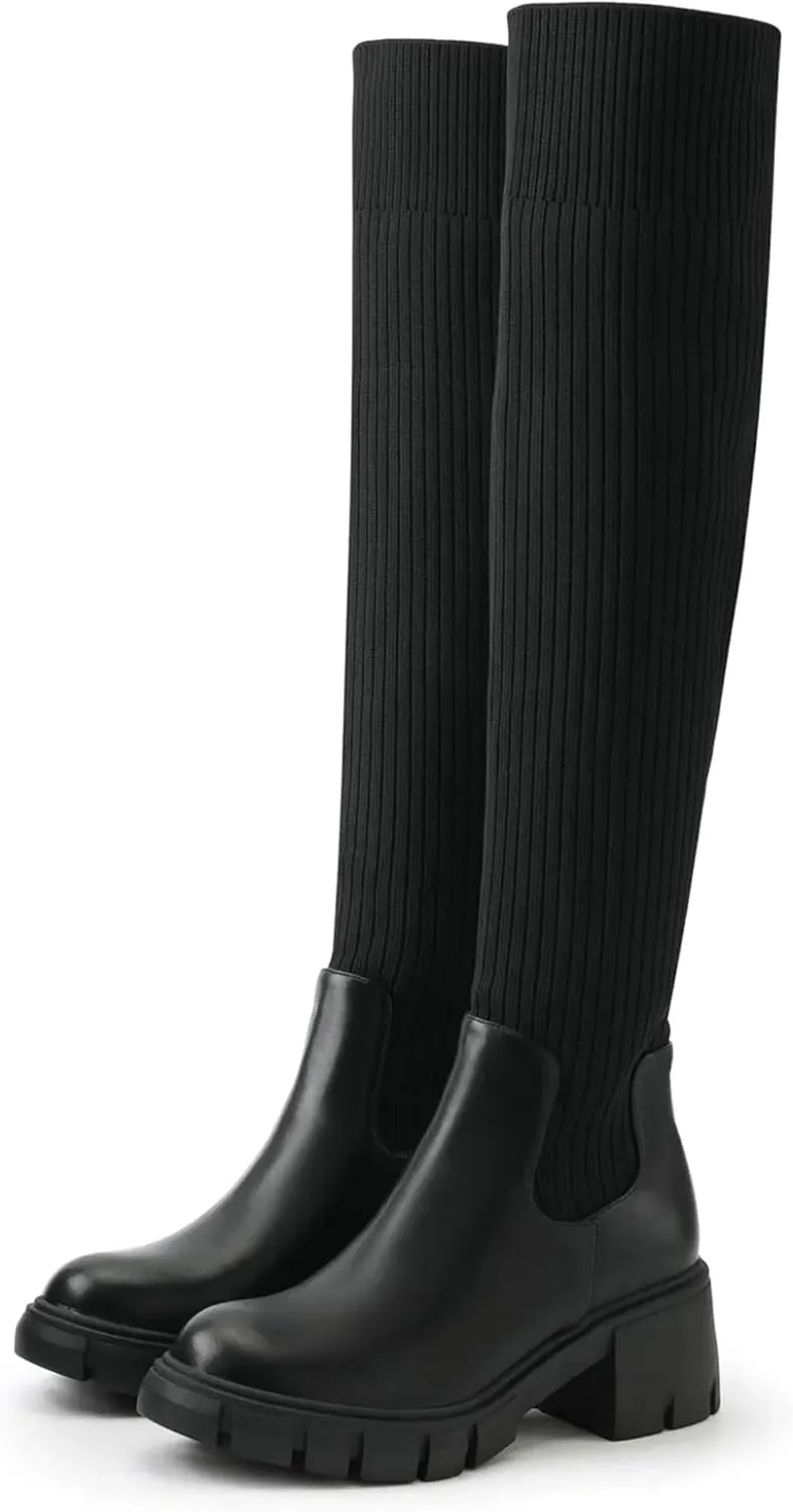 Womens Over Knee Boots Thigh High Stretch Knitted Socks Chunky Block Heel Boots